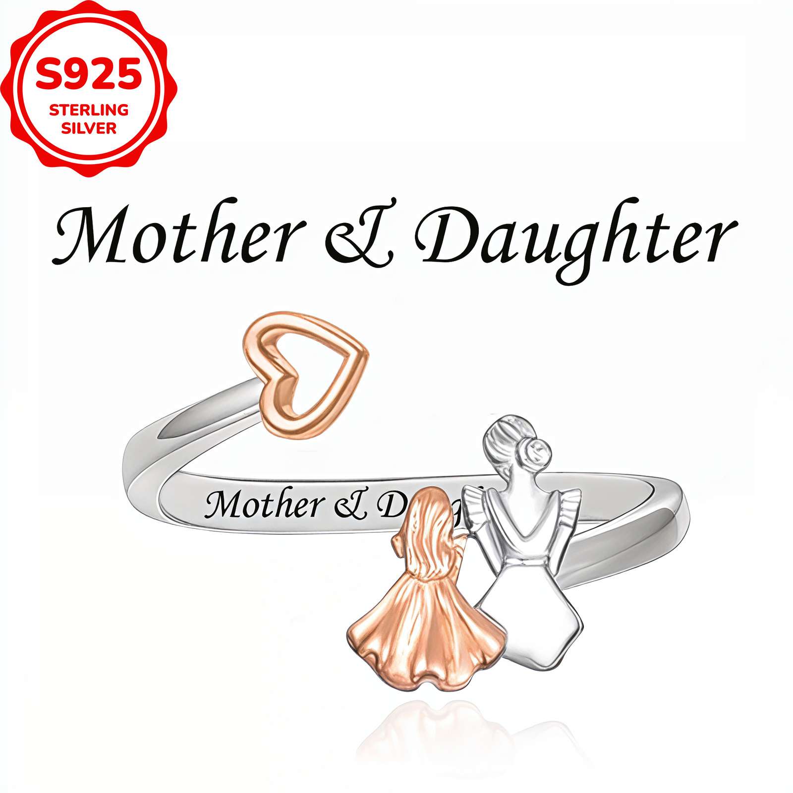 Women's 925 Sterling Silver Romantic Mother & Daughter Heart-Shaped Ring